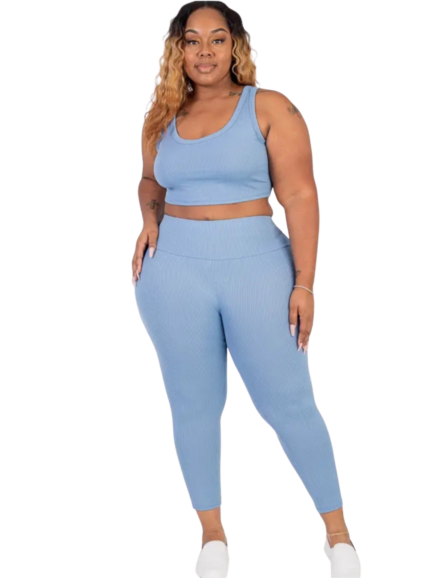 Plus Size Ribbed Crop Top & Leggings Set Cloud