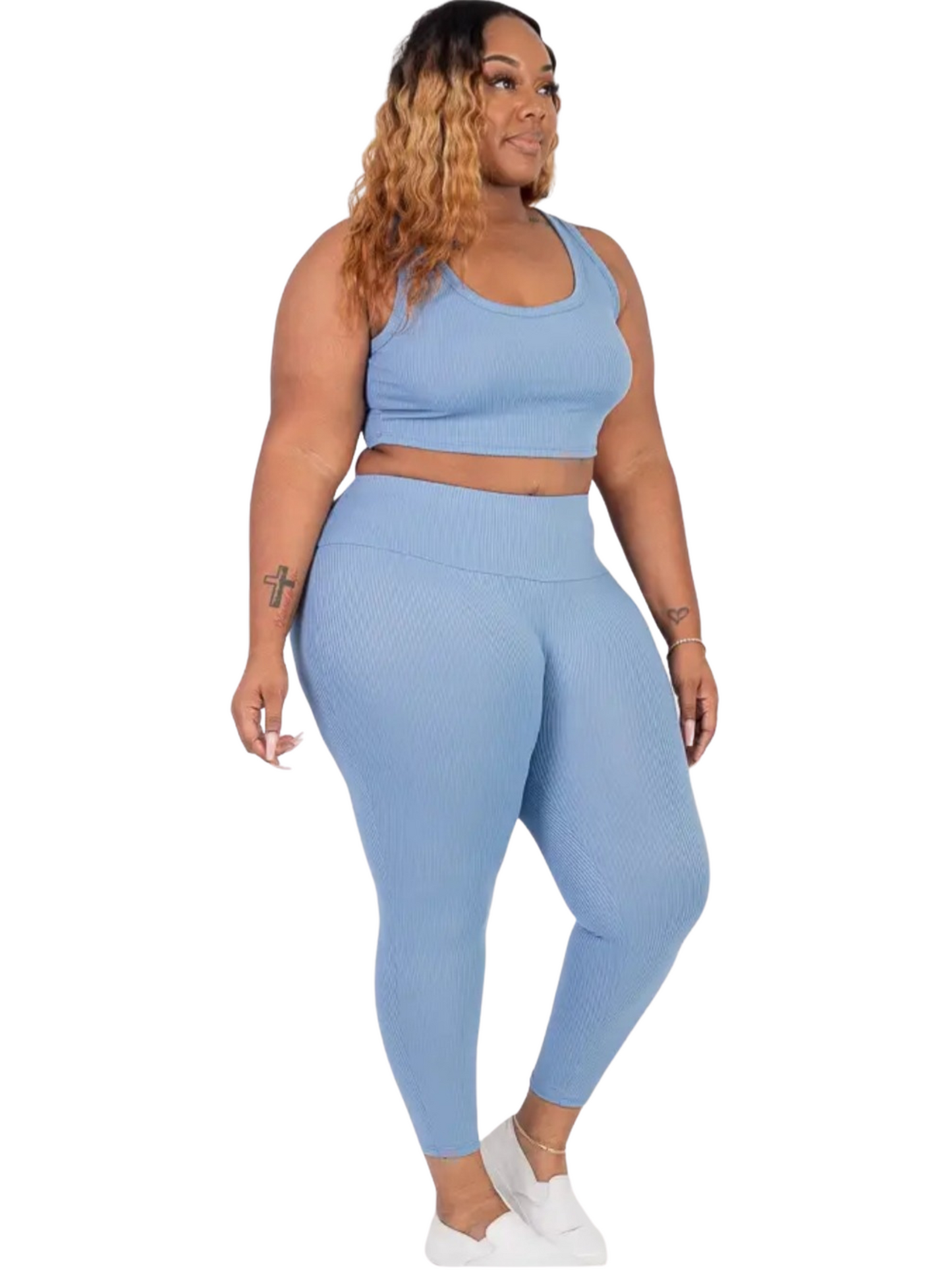 Plus Size Ribbed Crop Top & Leggings Set Cloud