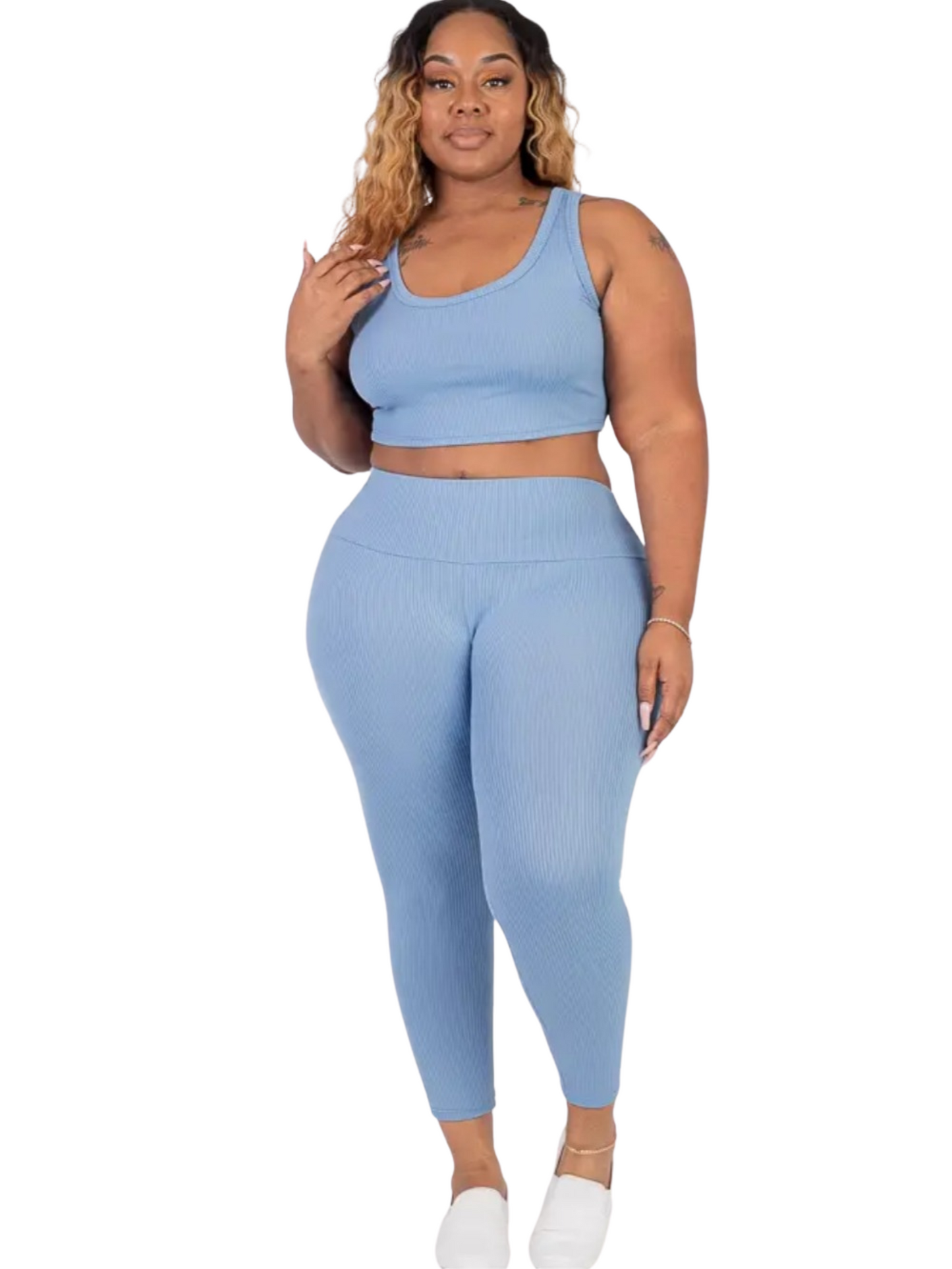 Plus Size Ribbed Crop Top & Leggings Set Cloud