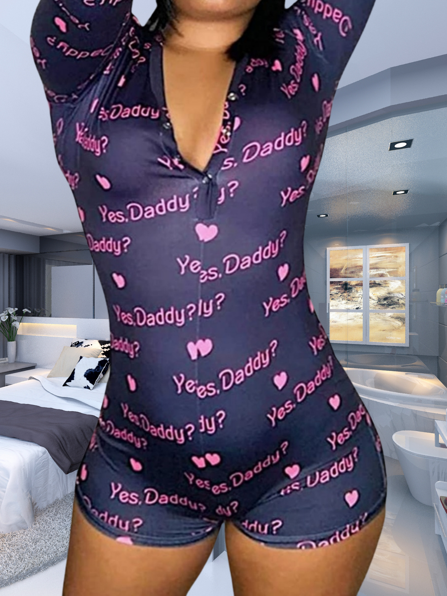 Women's Hey Daddy? Short Long Sleeve One Piece Bodycon Pajamas Romper Onesie