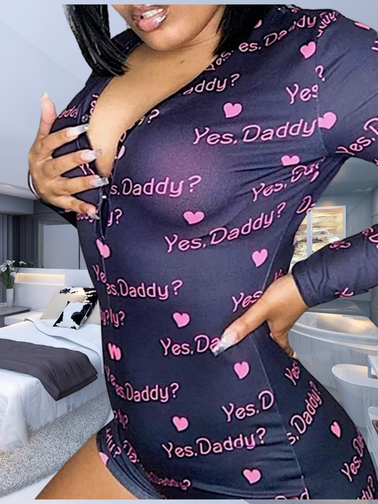 Women's Hey Daddy? Short Long Sleeve One Piece Bodycon Pajamas Romper Onesie