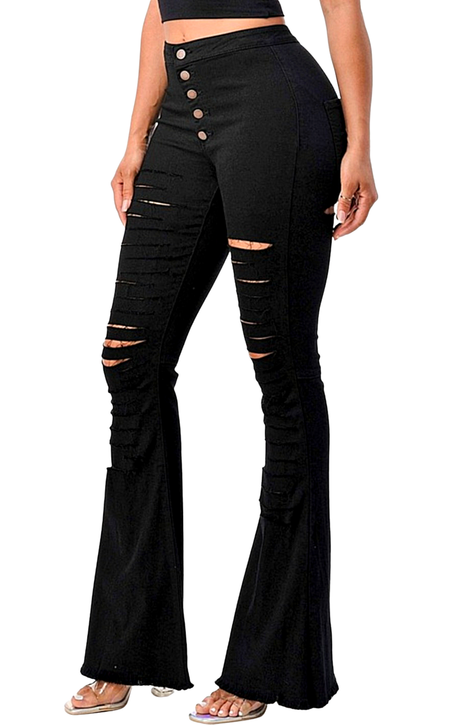 High Rise Destroyed Black Flare Jeans