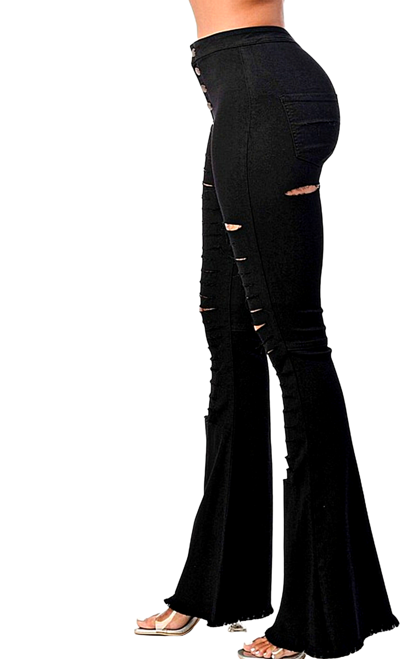 High Rise Destroyed Black Flare Jeans