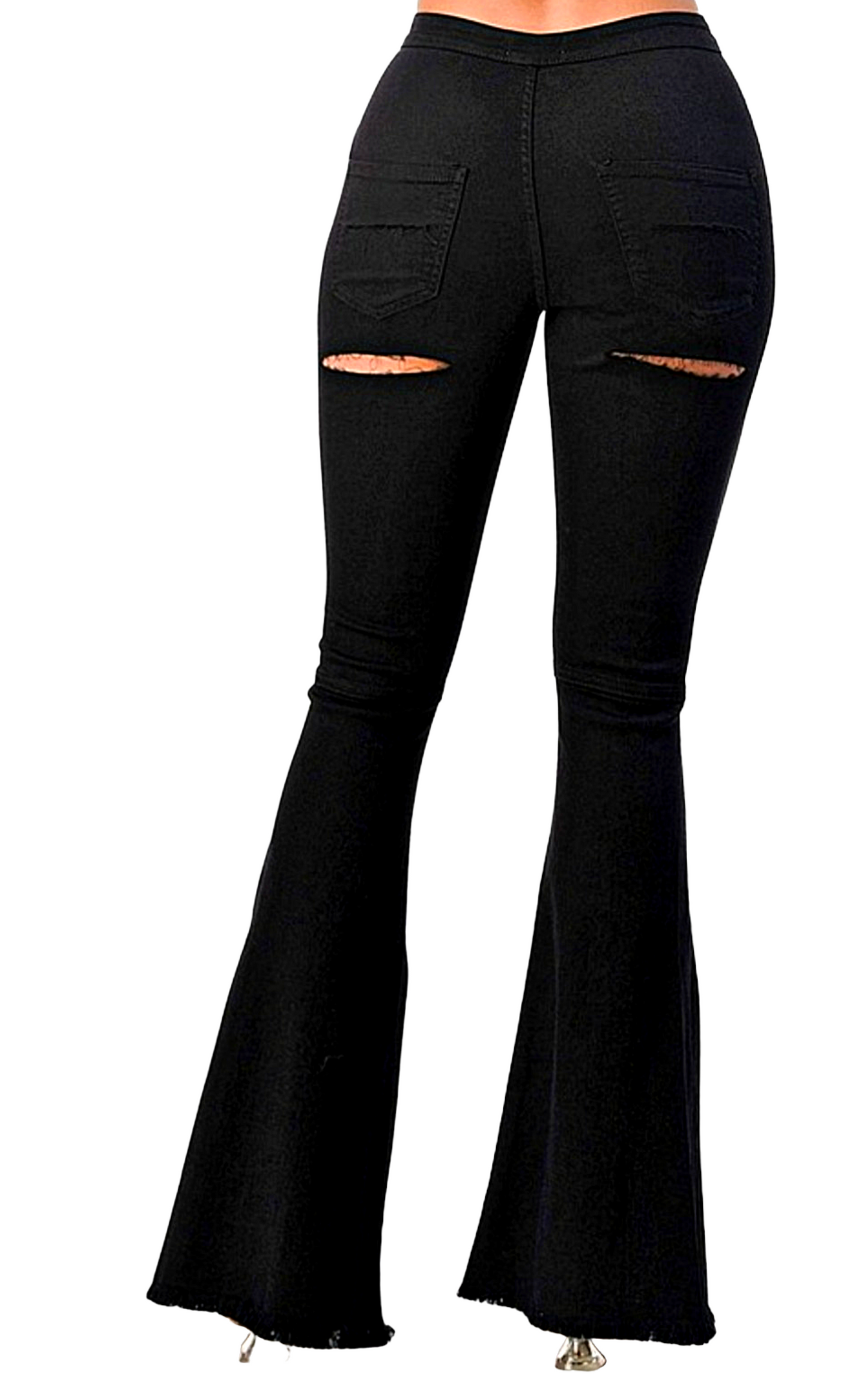 High Rise Destroyed Black Flare Jeans