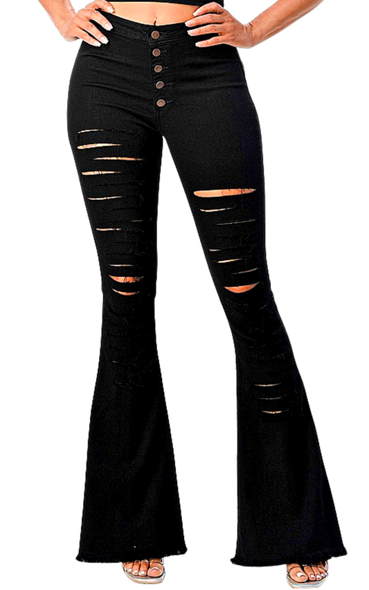 High Rise Destroyed Black Flare Jeans