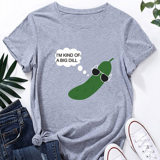 Casual Cartoon Cucumber Alphabet Print Short sleeved T shirt