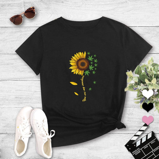 Simple Sunflower Print Round Neck Cotton T shirt