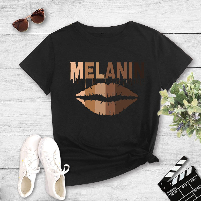 Melanin Fashion Casual Letter Lip Print Short Sleeve T shirt