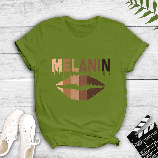 Melanin Fashion Casual Letter Lip Print Short Sleeve T shirt