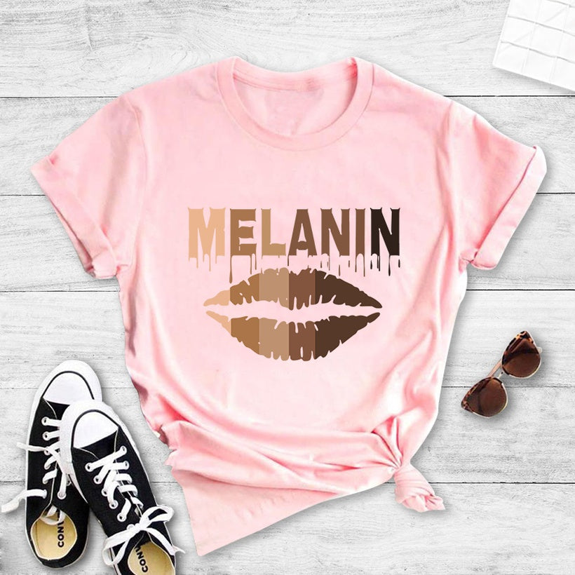 Melanin Fashion Casual Letter Lip Print Short Sleeve T shirt